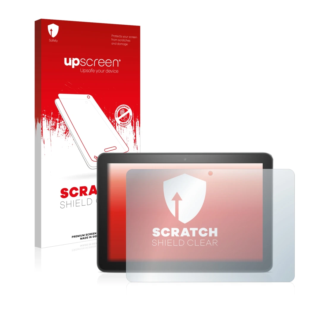 Parte frontal de un envase de producto con el logotipo de la marca upscreen. Al lado se muestra el dispositivo Amazon Fire HD 