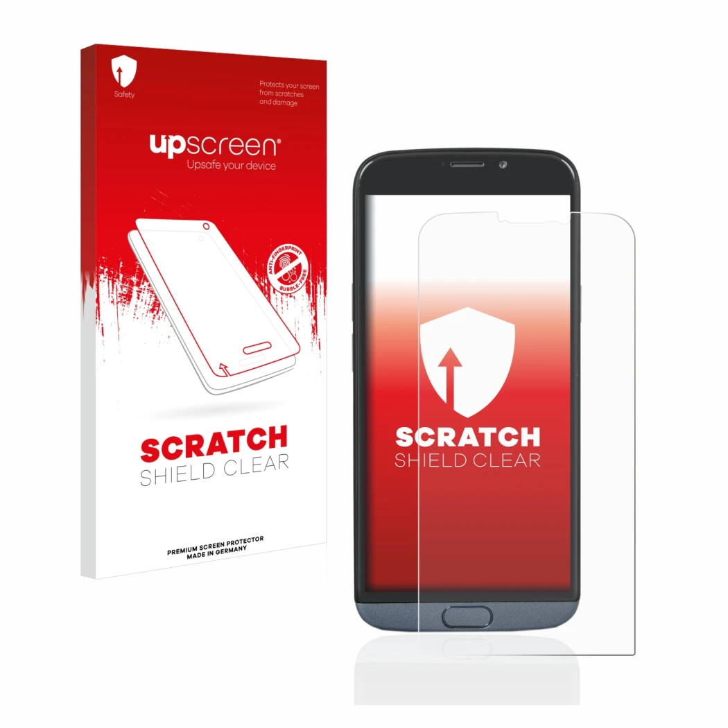 Parte frontal de un envase de producto con el logotipo de la marca upscreen. Al lado se muestra el dispositivo Doro 8050 con s