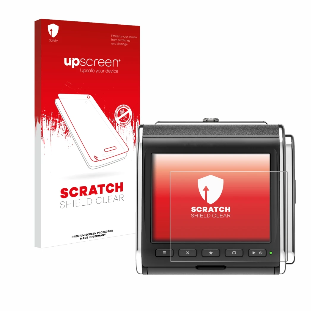 Parte frontal de un envase de producto con el logotipo de la marca upscreen. Al lado se muestra el dispositivo Hasselblad CFV 