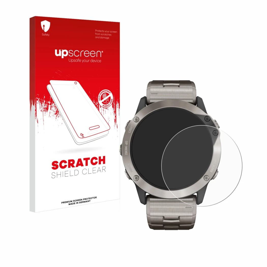 Parte frontal de un envase de producto con el logotipo de la marca upscreen. Al lado se muestra el dispositivo Garmin quatix 6
