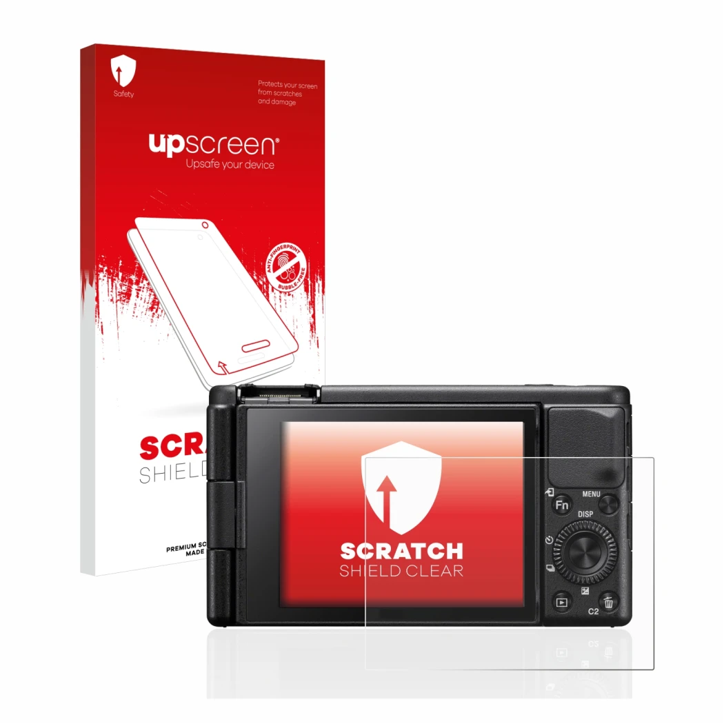 Parte frontal de un envase de producto con el logotipo de la marca upscreen. Al lado se muestra el dispositivo Sony ZV-1 con s