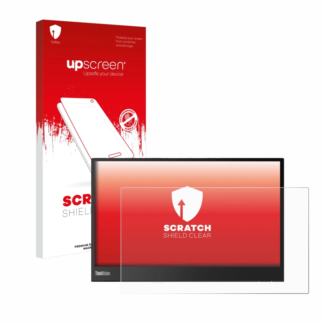 Parte frontal de un envase de producto con el logotipo de la marca upscreen. Al lado se muestra el dispositivo Lenovo ThinkVis