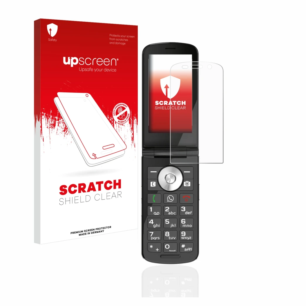 Parte frontal de un envase de producto con el logotipo de la marca upscreen. Al lado se muestra el dispositivo Emporia TOUCHsm