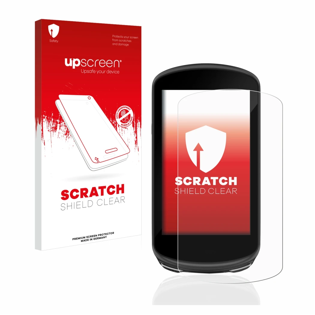 Parte frontal de un envase de producto con el logotipo de la marca upscreen. Al lado se muestra el dispositivo Garmin Edge 103