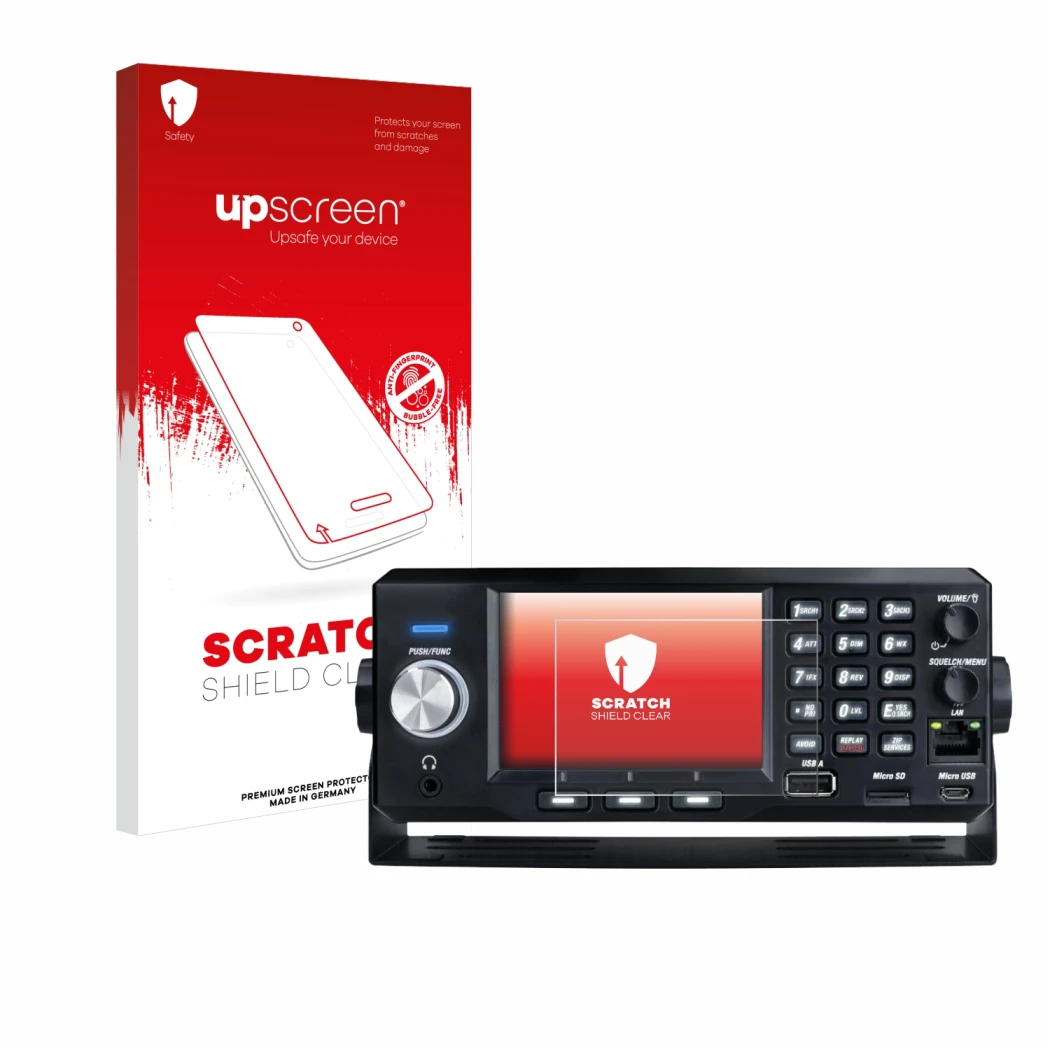 Parte frontal de un envase de producto con el logotipo de la marca upscreen. Al lado se muestra el dispositivo Uniden SDS200E