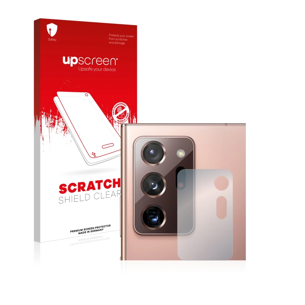 Parte frontal de un envase de producto con el logotipo de la marca upscreen. Al lado se muestra el dispositivo Samsung Galaxy