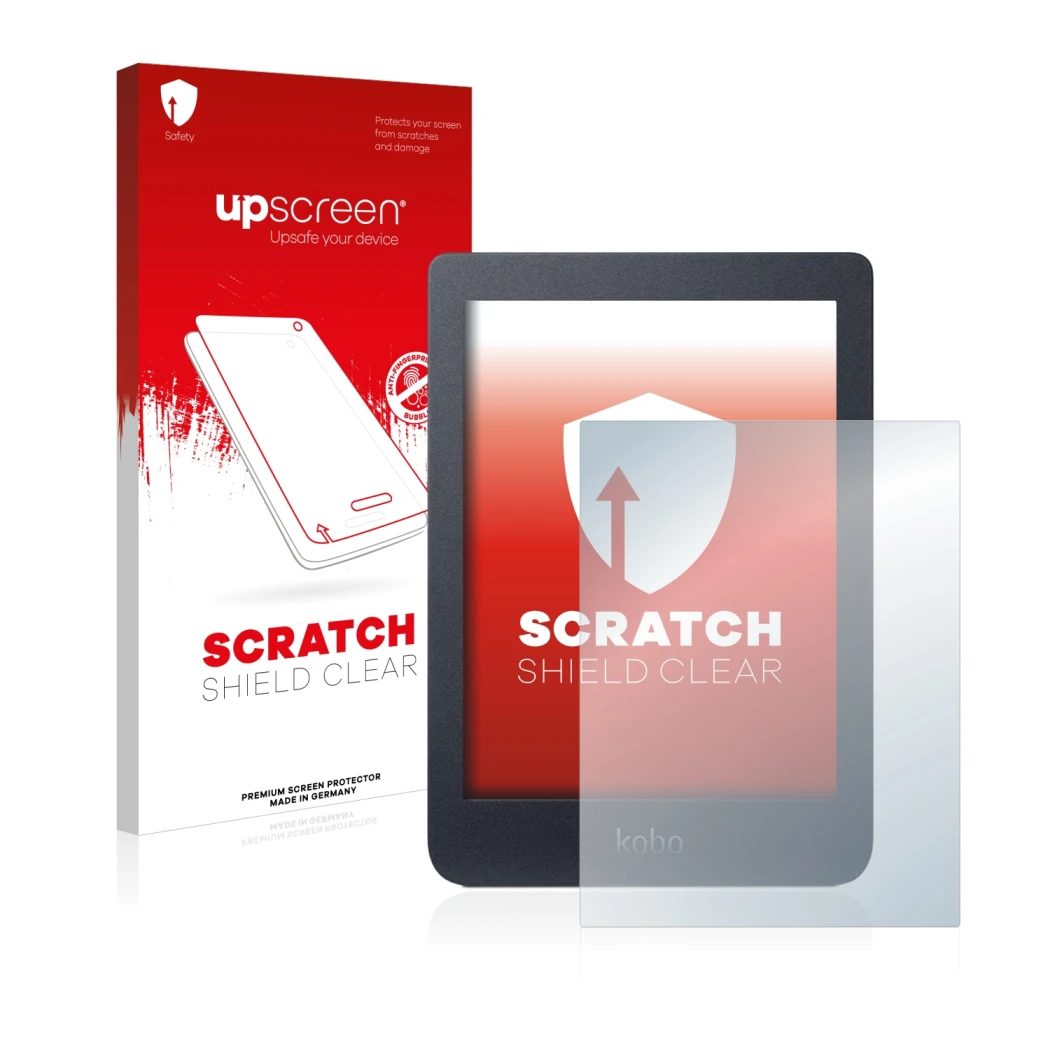 Parte frontal de un envase de producto con el logotipo de la marca upscreen. Al lado se muestra el dispositivo Kobo Nia con su