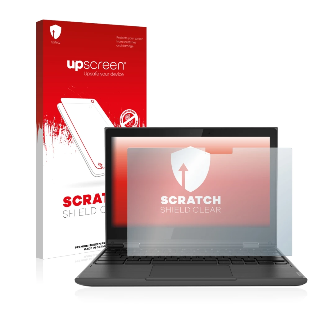 Parte frontal de un envase de producto con el logotipo de la marca upscreen. Al lado se muestra el dispositivo Lenovo 300e (2d