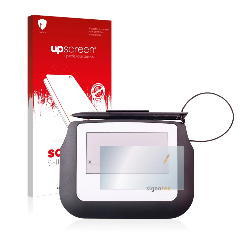 Parte frontal de un envase de producto con el logotipo de la marca upscreen. Al lado se muestra el dispositivo Signotec Signat