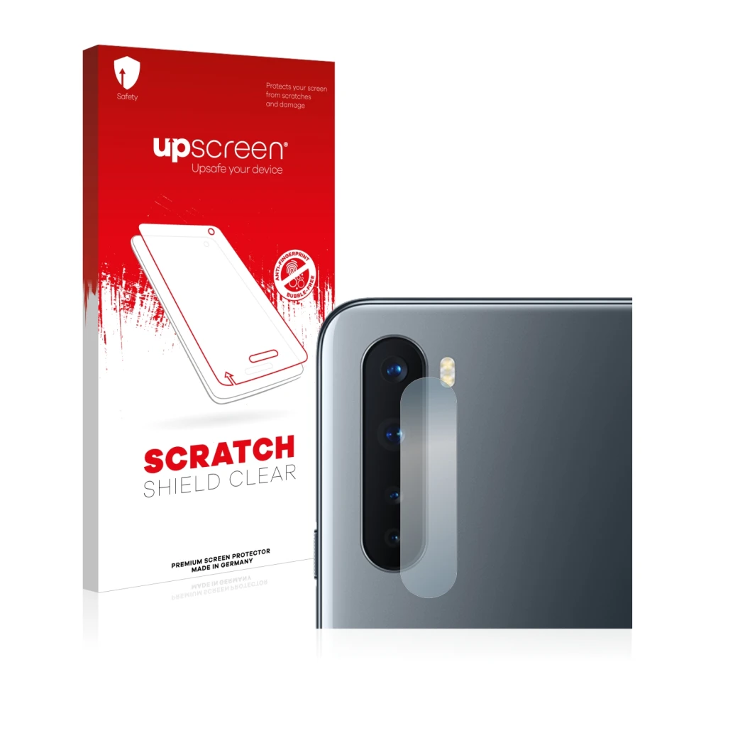 Parte frontal de un envase de producto con el logotipo de la marca upscreen. Al lado se muestra el dispositivo OnePlus Nord (S