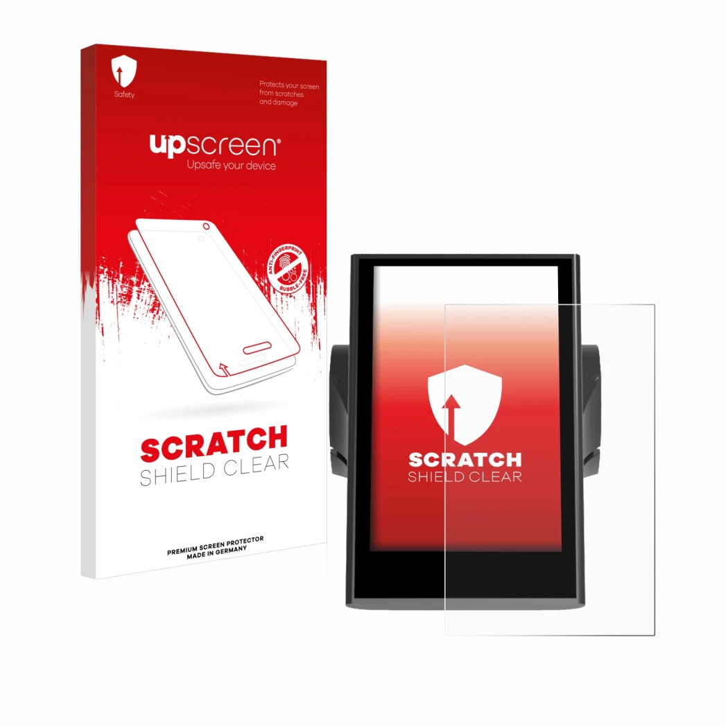 Parte frontal de un envase de producto con el logotipo de la marca upscreen. Al lado se muestra el dispositivo Bafang DP C18 c