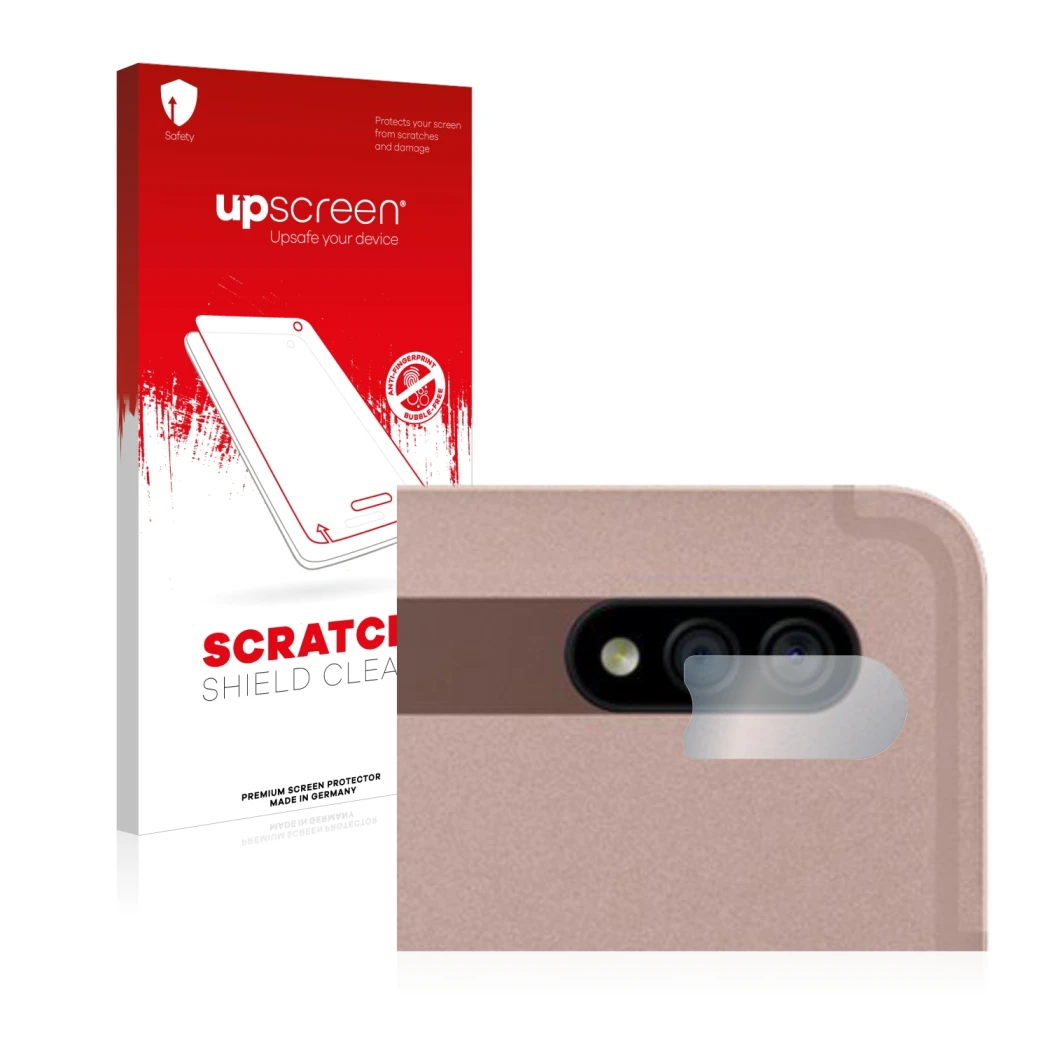 Parte frontal de un envase de producto con el logotipo de la marca upscreen. Al lado se muestra el dispositivo Samsung Galaxy