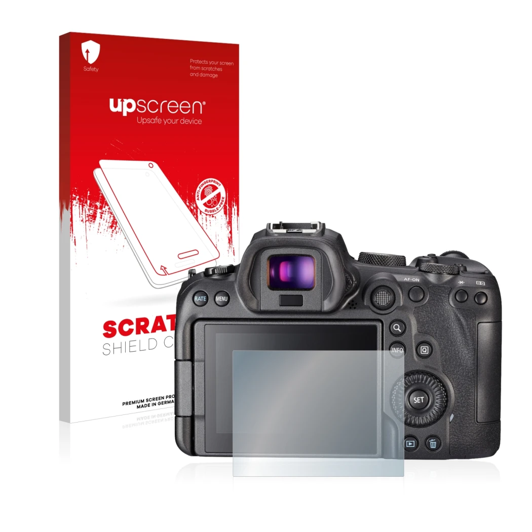 Parte frontal de un envase de producto con el logotipo de la marca upscreen. Al lado se muestra el dispositivo Sony A7S III co