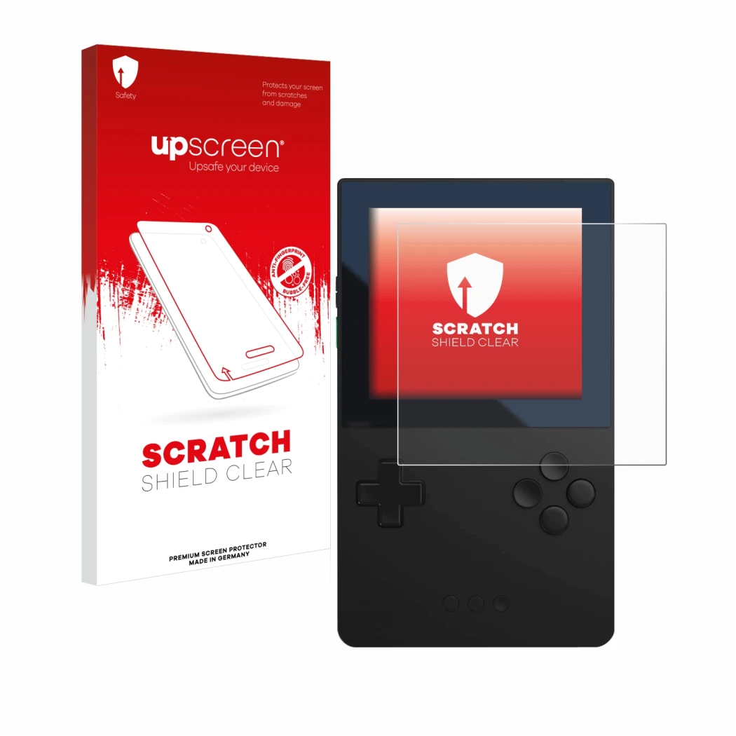 Parte frontal de un envase de producto con el logotipo de la marca upscreen. Al lado se muestra el dispositivo Analogue Pocket