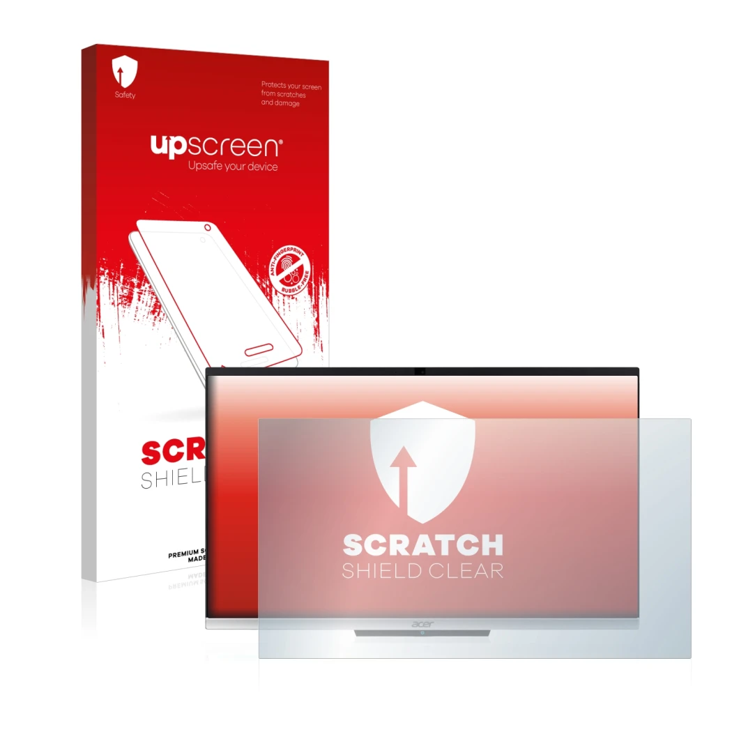 Parte frontal de un envase de producto con el logotipo de la marca upscreen. Al lado se muestra el dispositivo Acer Aspire C24