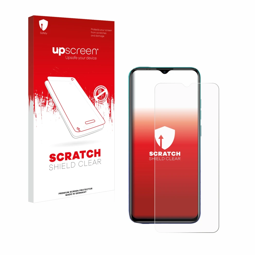 Parte frontal de un envase de producto con el logotipo de la marca upscreen. Al lado se muestra el dispositivo Ulefone Note 9P