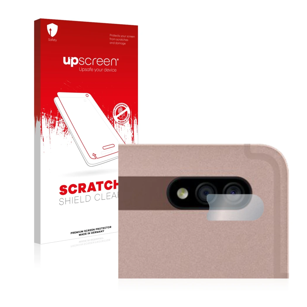 Parte frontal de un envase de producto con el logotipo de la marca upscreen. Al lado se muestra el dispositivo Samsung Galaxy