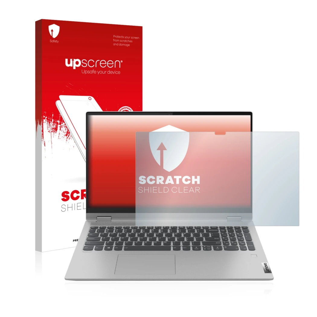 Parte frontal de un envase de producto con el logotipo de la marca upscreen. Al lado se muestra el dispositivo Lenovo IdeaPad