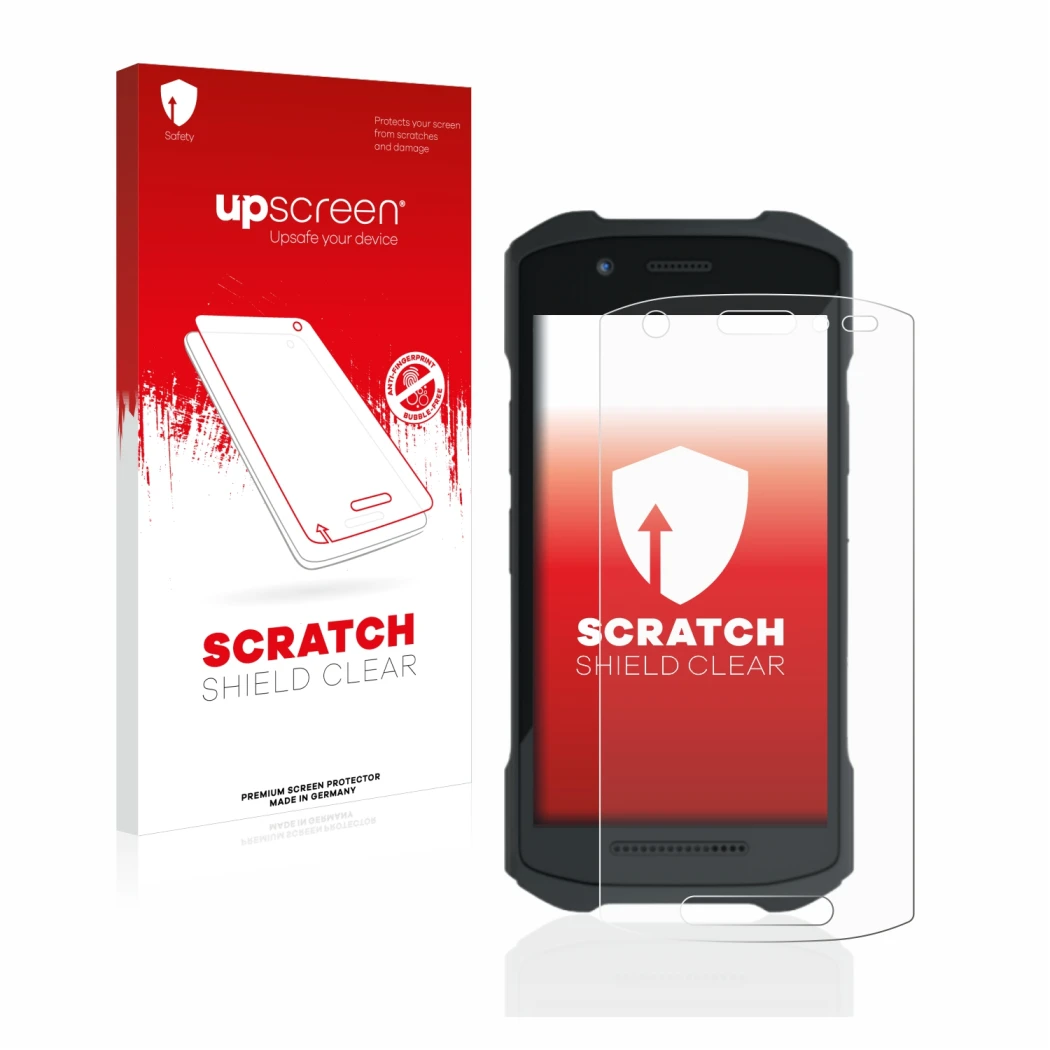 Parte frontal de un envase de producto con el logotipo de la marca upscreen. Al lado se muestra el dispositivo Zebra TC21 con 