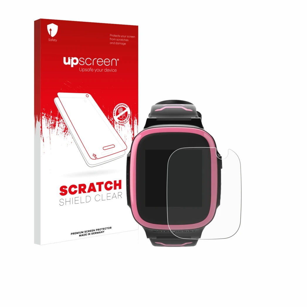 Parte frontal de un envase de producto con el logotipo de la marca upscreen. Al lado se muestra el dispositivo Xplora X5 Play
