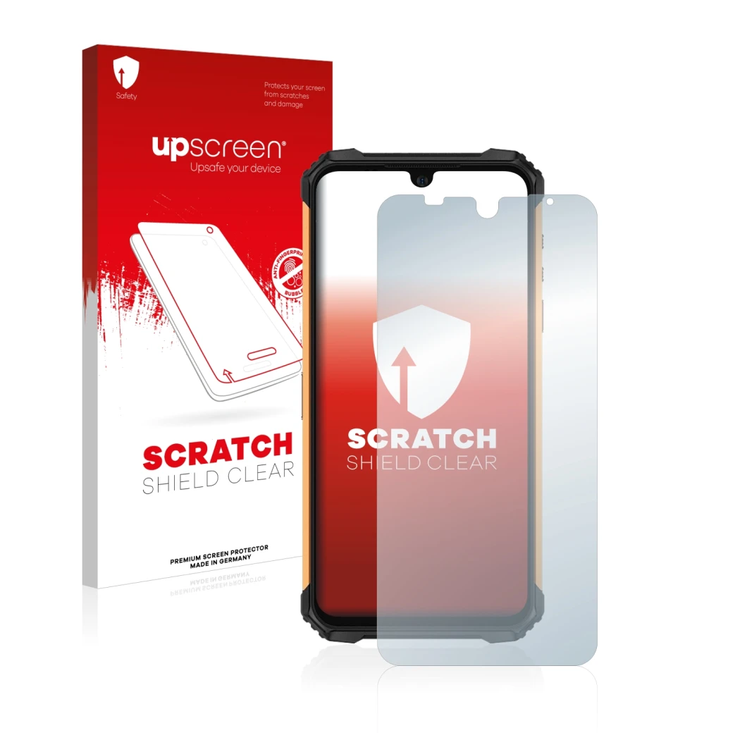 Parte frontal de un envase de producto con el logotipo de la marca upscreen. Al lado se muestra el dispositivo Ulefone Armor 8
