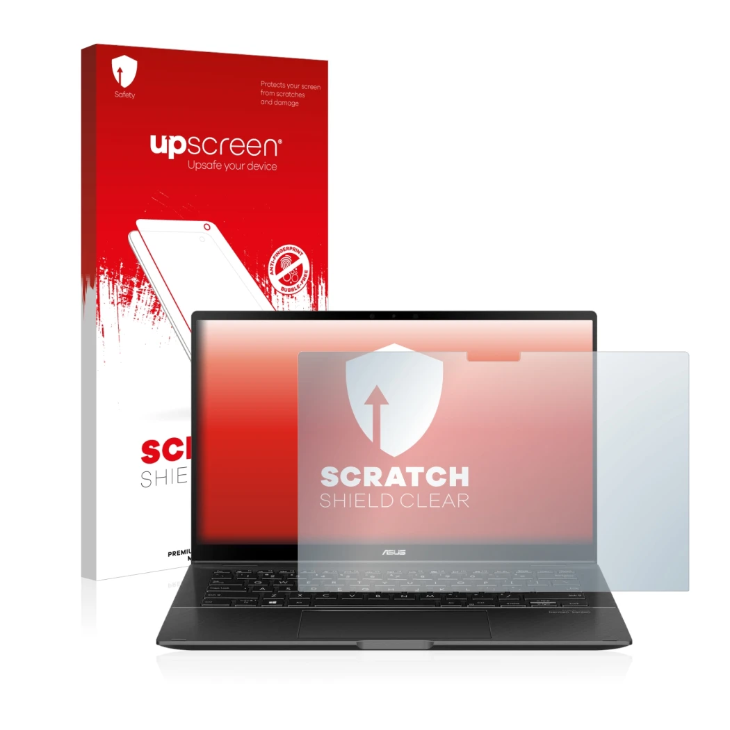 Parte frontal de un envase de producto con el logotipo de la marca upscreen. Al lado se muestra el dispositivo ASUS ZenBook Fl