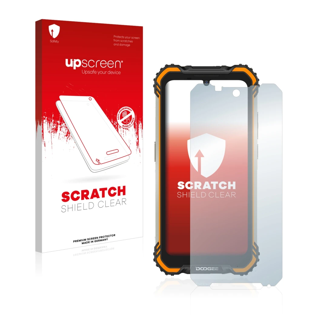 Parte frontal de un envase de producto con el logotipo de la marca upscreen. Al lado se muestra el dispositivo Doogee S58 Pro 