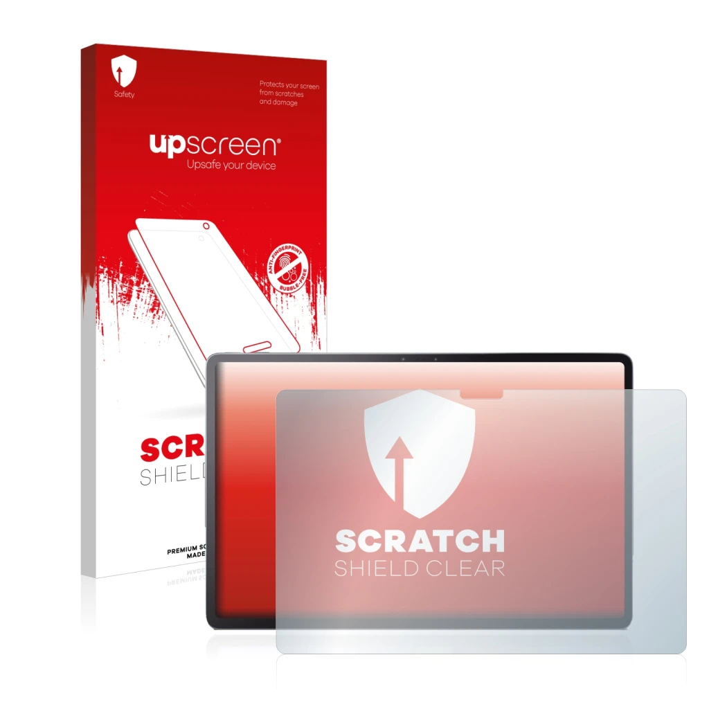 Parte frontal de un envase de producto con el logotipo de la marca upscreen. Al lado se muestra el dispositivo Lenovo Tab P11