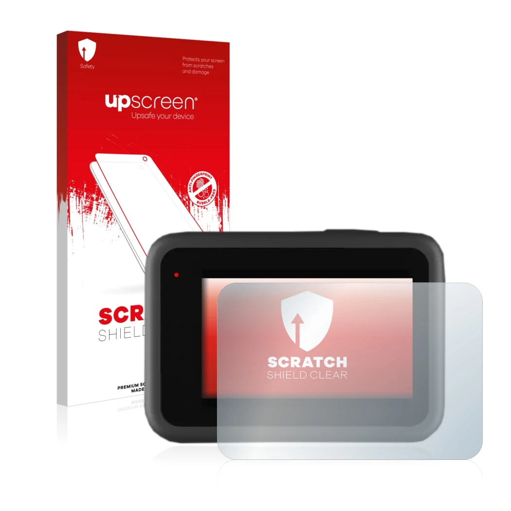Parte frontal de un envase de producto con el logotipo de la marca upscreen. Al lado se muestra el dispositivo GoPro Hero 9 Bl