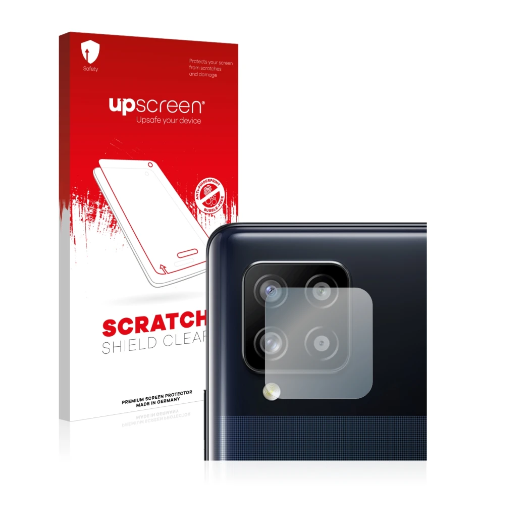 Parte frontal de un envase de producto con el logotipo de la marca upscreen. Al lado se muestra el dispositivo Samsung Galaxy