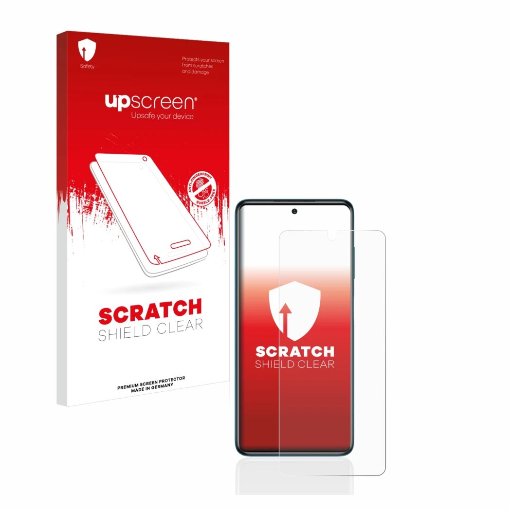 Parte frontal de un envase de producto con el logotipo de la marca upscreen. Al lado se muestra el dispositivo Xiaomi Poco X3 