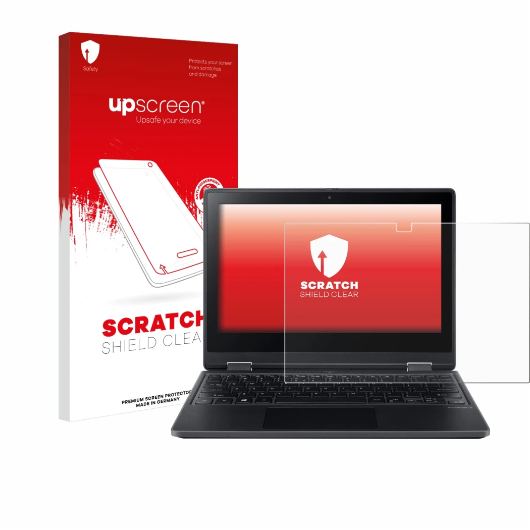 Parte frontal de un envase de producto con el logotipo de la marca upscreen. Al lado se muestra el dispositivo Acer TravelMate