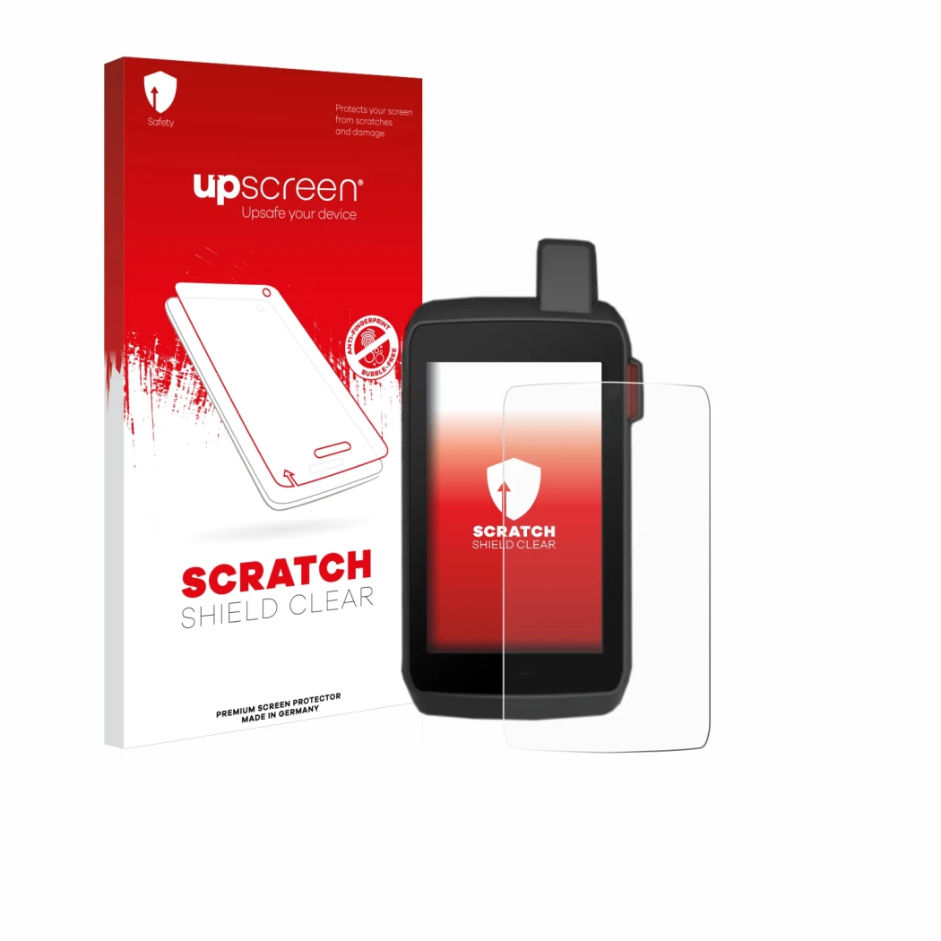 Parte frontal de un envase de producto con el logotipo de la marca upscreen. Al lado se muestra el dispositivo Garmin Montana