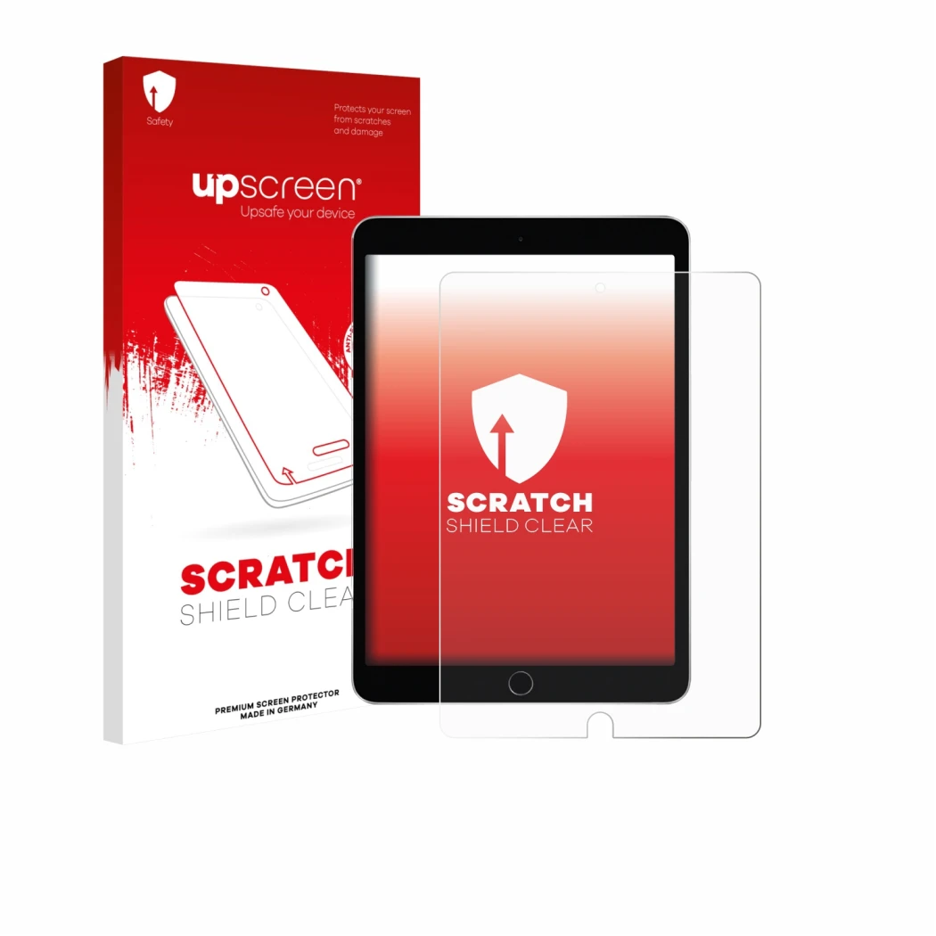 Parte frontal de un envase de producto con el logotipo de la marca upscreen. Al lado se muestra el dispositivo Apple iPad 10.2
