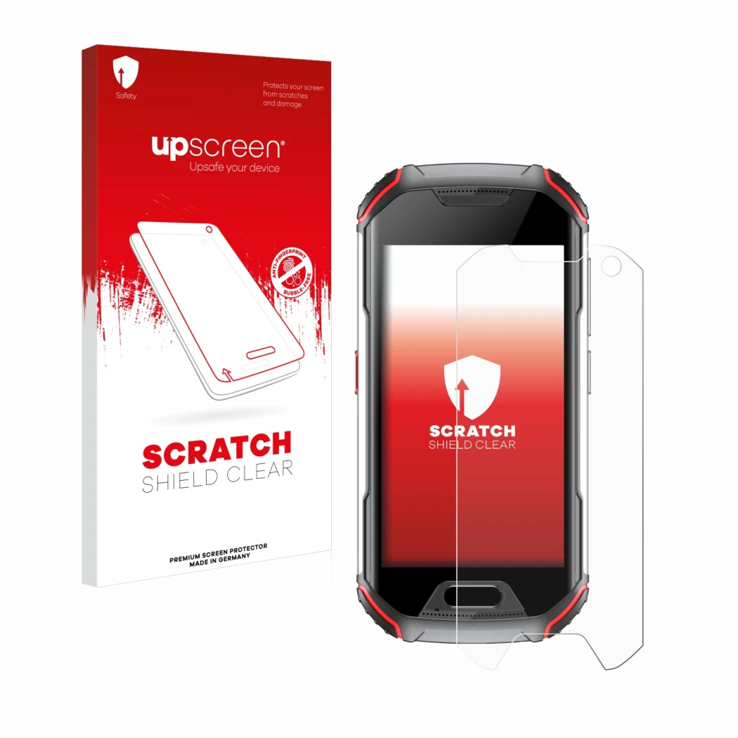Parte frontal de un envase de producto con el logotipo de la marca upscreen. Al lado se muestra el dispositivo Unihertz Atom L