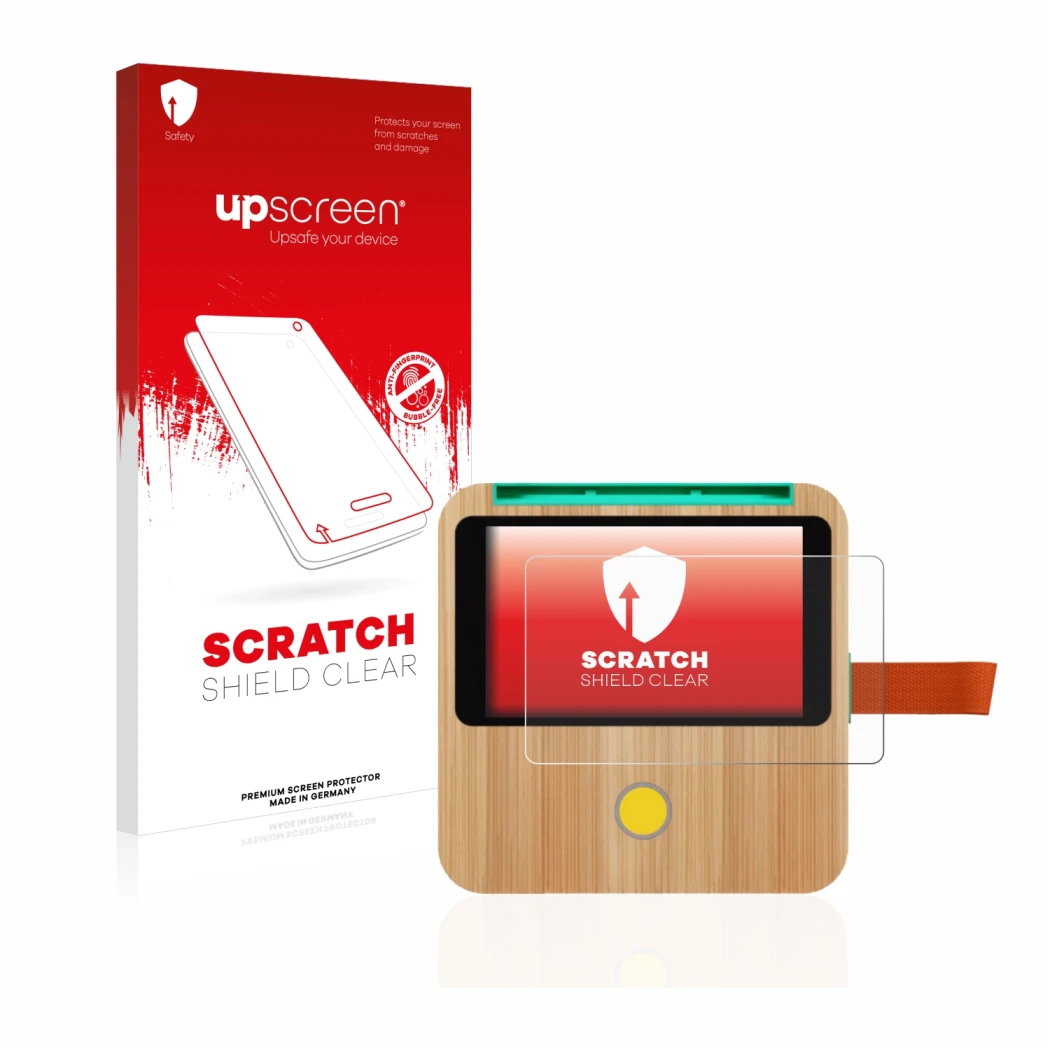 Parte frontal de un envase de producto con el logotipo de la marca upscreen. Al lado se muestra el dispositivo tigerbox Touch