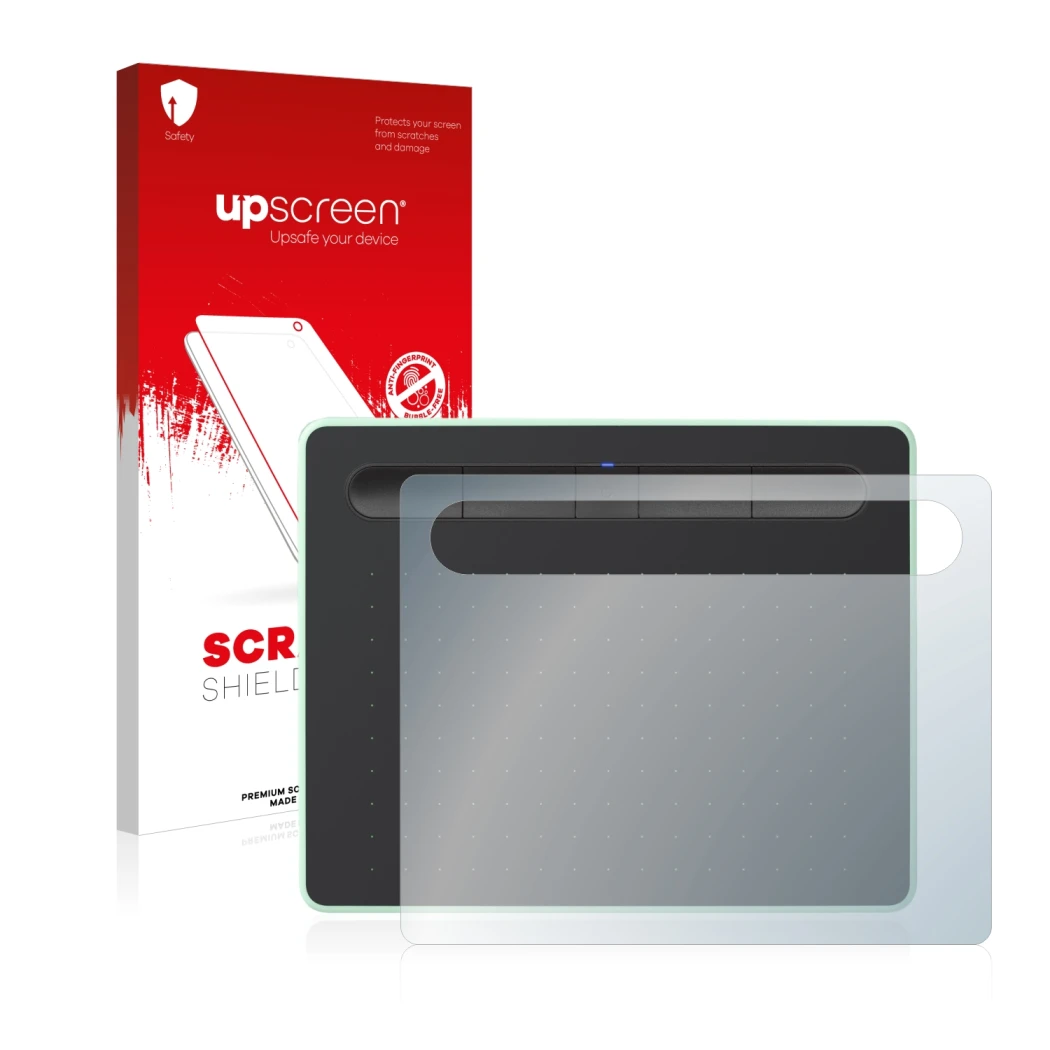 Parte frontal de un envase de producto con el logotipo de la marca upscreen. Al lado se muestra el dispositivo Wacom Intuos S