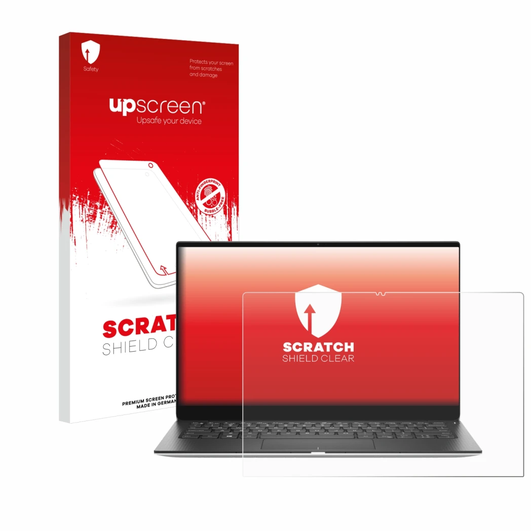 Parte frontal de un envase de producto con el logotipo de la marca upscreen. Al lado se muestra el dispositivo Dell XPS 13 931