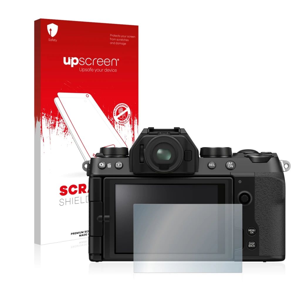 Parte frontal de un envase de producto con el logotipo de la marca upscreen. Al lado se muestra el dispositivo Fujifilm X-S10