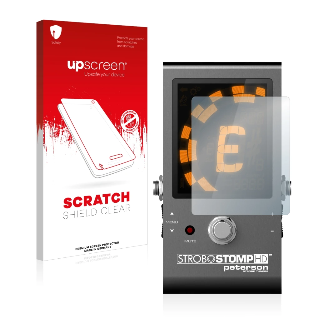 Parte frontal de un envase de producto con el logotipo de la marca upscreen. Al lado se muestra el dispositivo Peterson Strobo