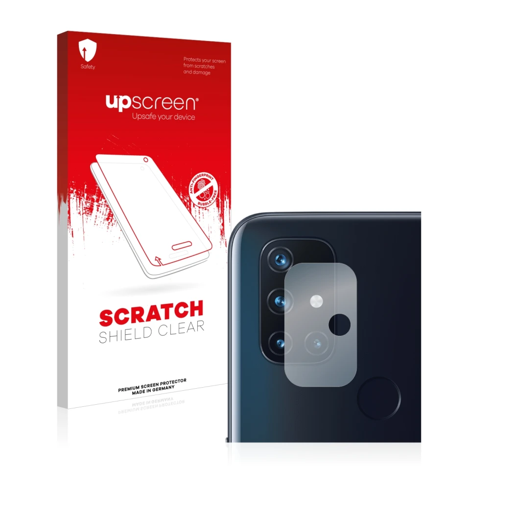 Parte frontal de un envase de producto con el logotipo de la marca upscreen. Al lado se muestra el dispositivo OnePlus Nord N1