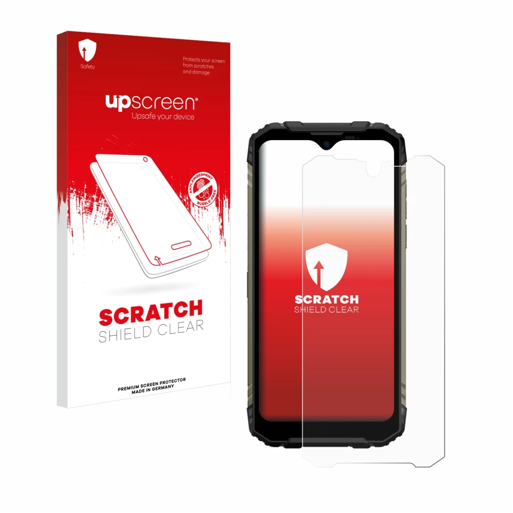 Parte frontal de un envase de producto con el logotipo de la marca upscreen. Al lado se muestra el dispositivo Doogee S96 Pro
