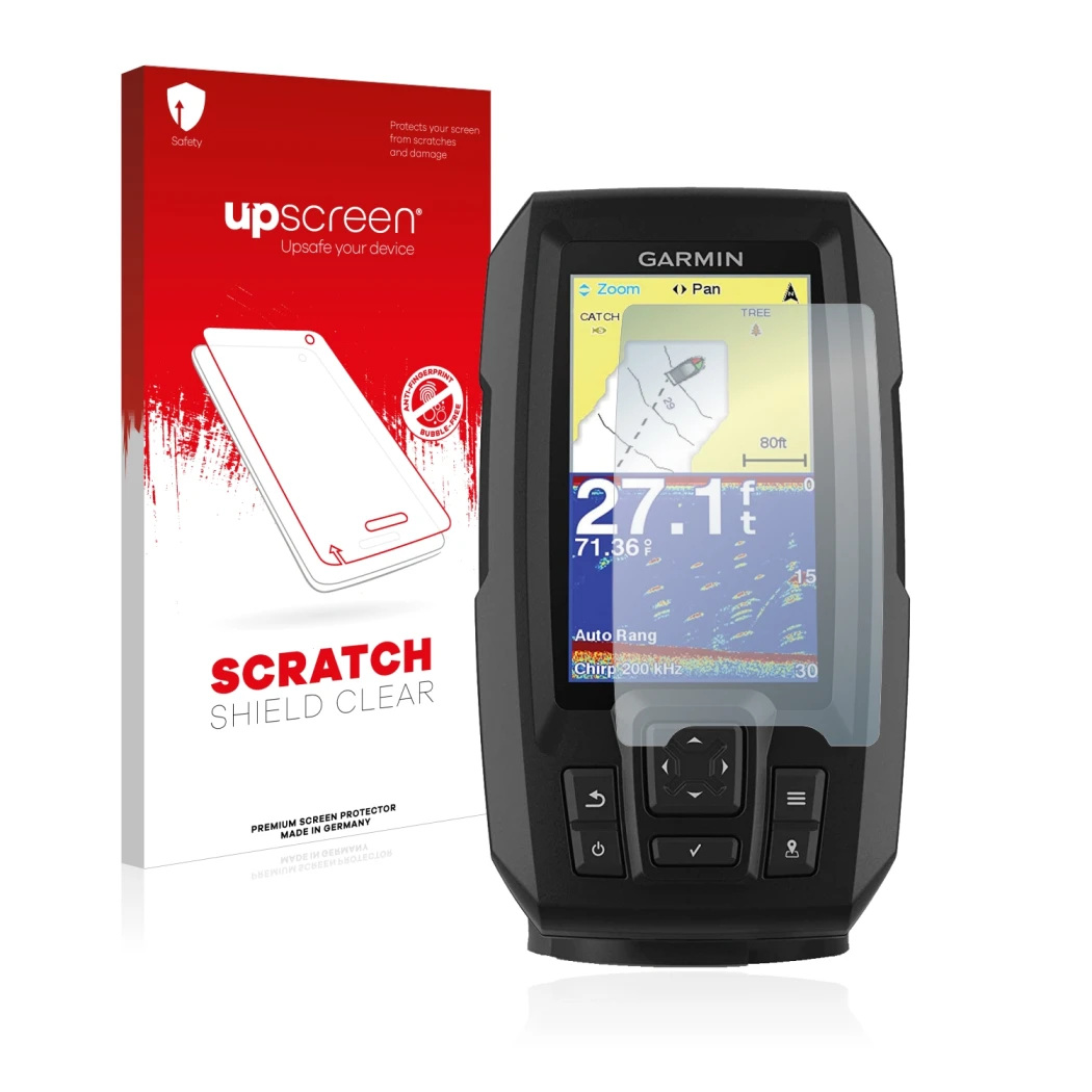 Parte frontal de un envase de producto con el logotipo de la marca upscreen. Al lado se muestra el dispositivo Garmin Striker