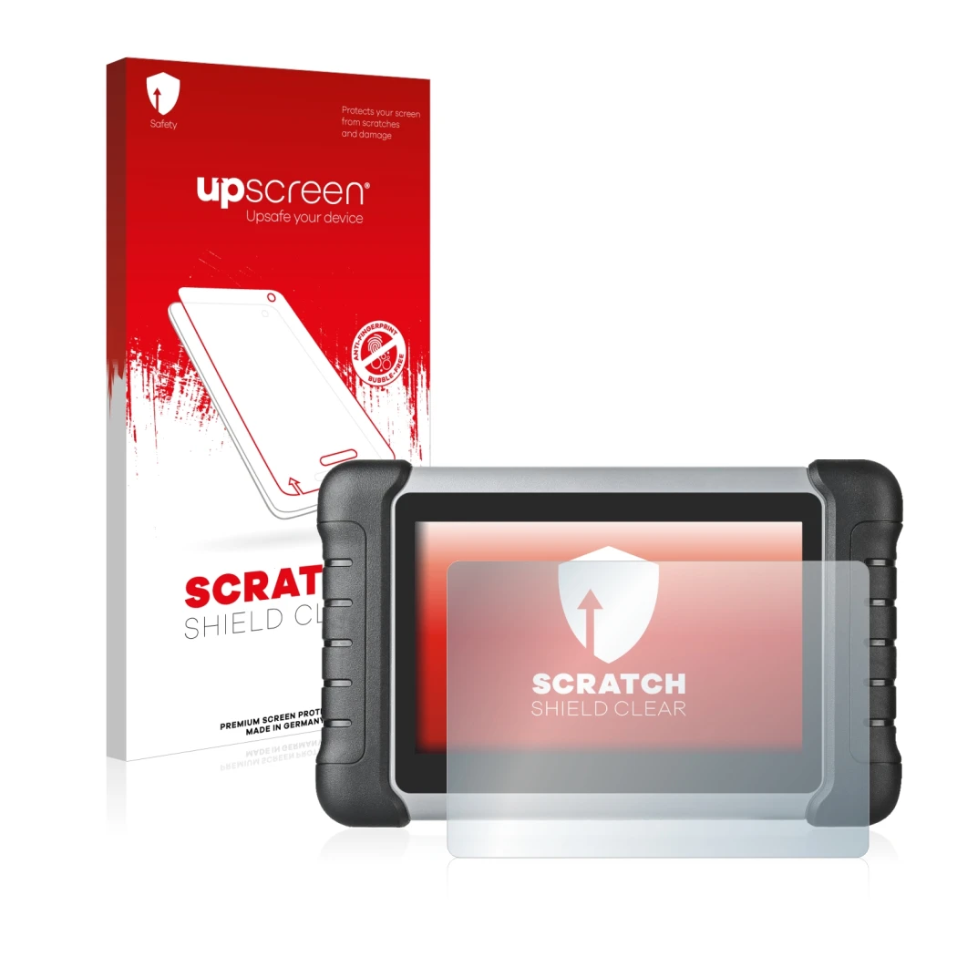 Parte frontal de un envase de producto con el logotipo de la marca upscreen. Al lado se muestra el dispositivo Autel MaxiCOM M