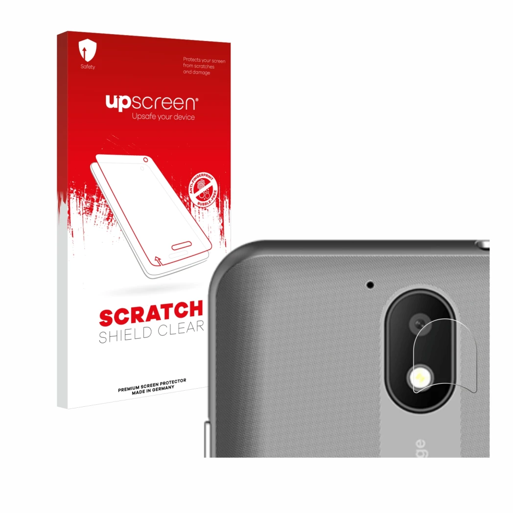 Parte frontal de un envase de producto con el logotipo de la marca upscreen. Al lado se muestra el dispositivo Orange Neva sta