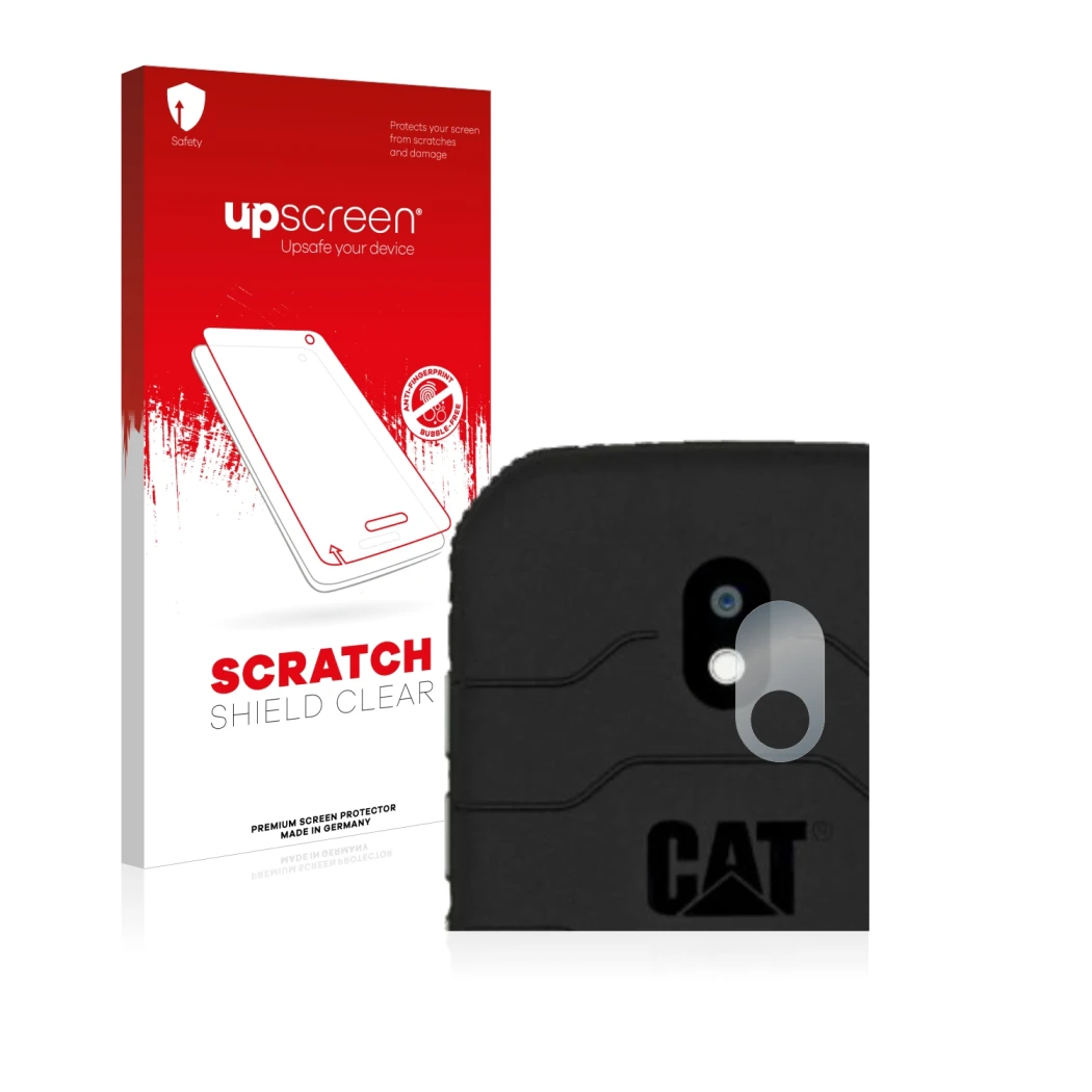Parte frontal de un envase de producto con el logotipo de la marca upscreen. Al lado se muestra el dispositivo Caterpillar Cat