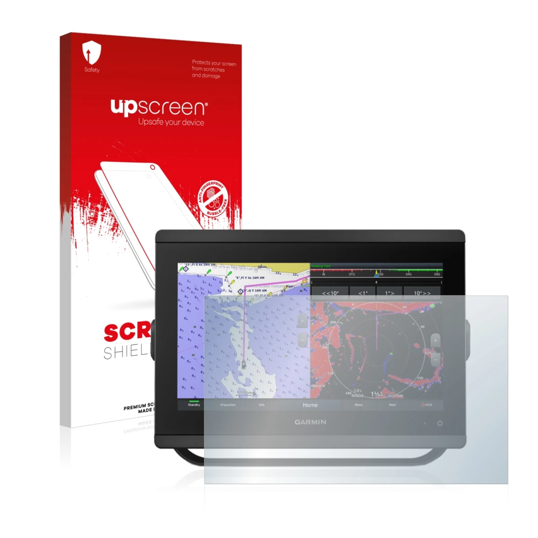 Parte frontal de un envase de producto con el logotipo de la marca upscreen. Al lado se muestra el dispositivo Garmin GPSMAP 8