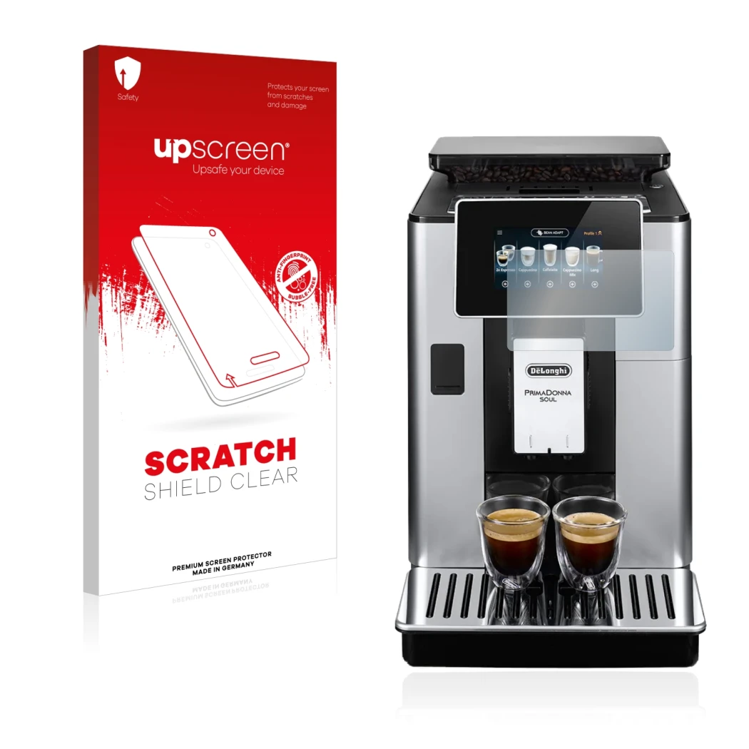 Parte frontal de un envase de producto con el logotipo de la marca upscreen. Al lado se muestra el dispositivo DeLonghi PrimaD