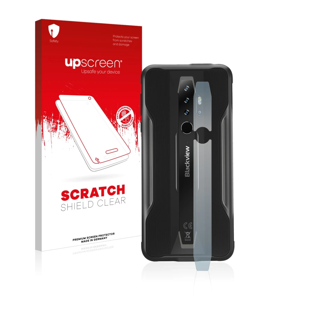 Parte frontal de un envase de producto con el logotipo de la marca upscreen. Al lado se muestra el dispositivo Blackview BV630