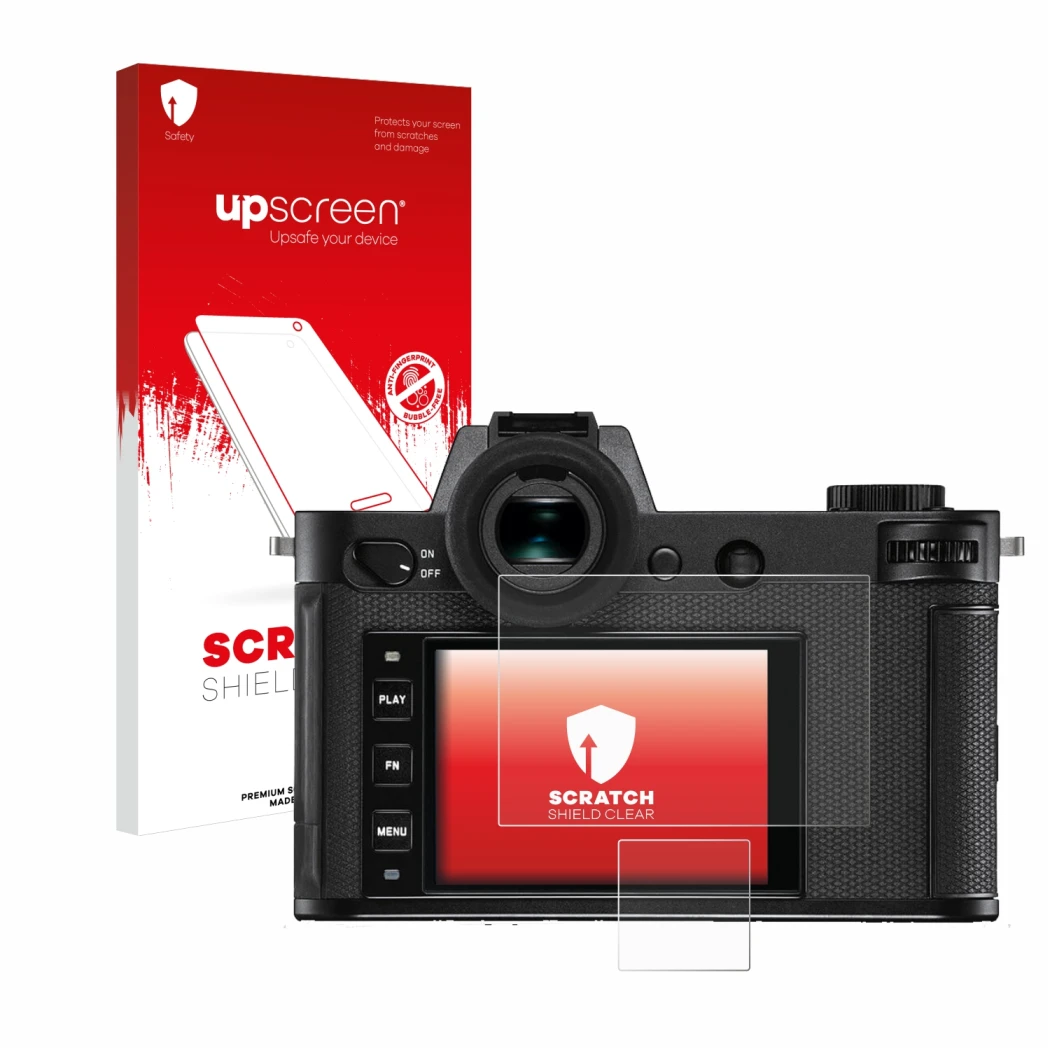 Parte frontal de un envase de producto con el logotipo de la marca upscreen. Al lado se muestra el dispositivo Leica SL2-S con